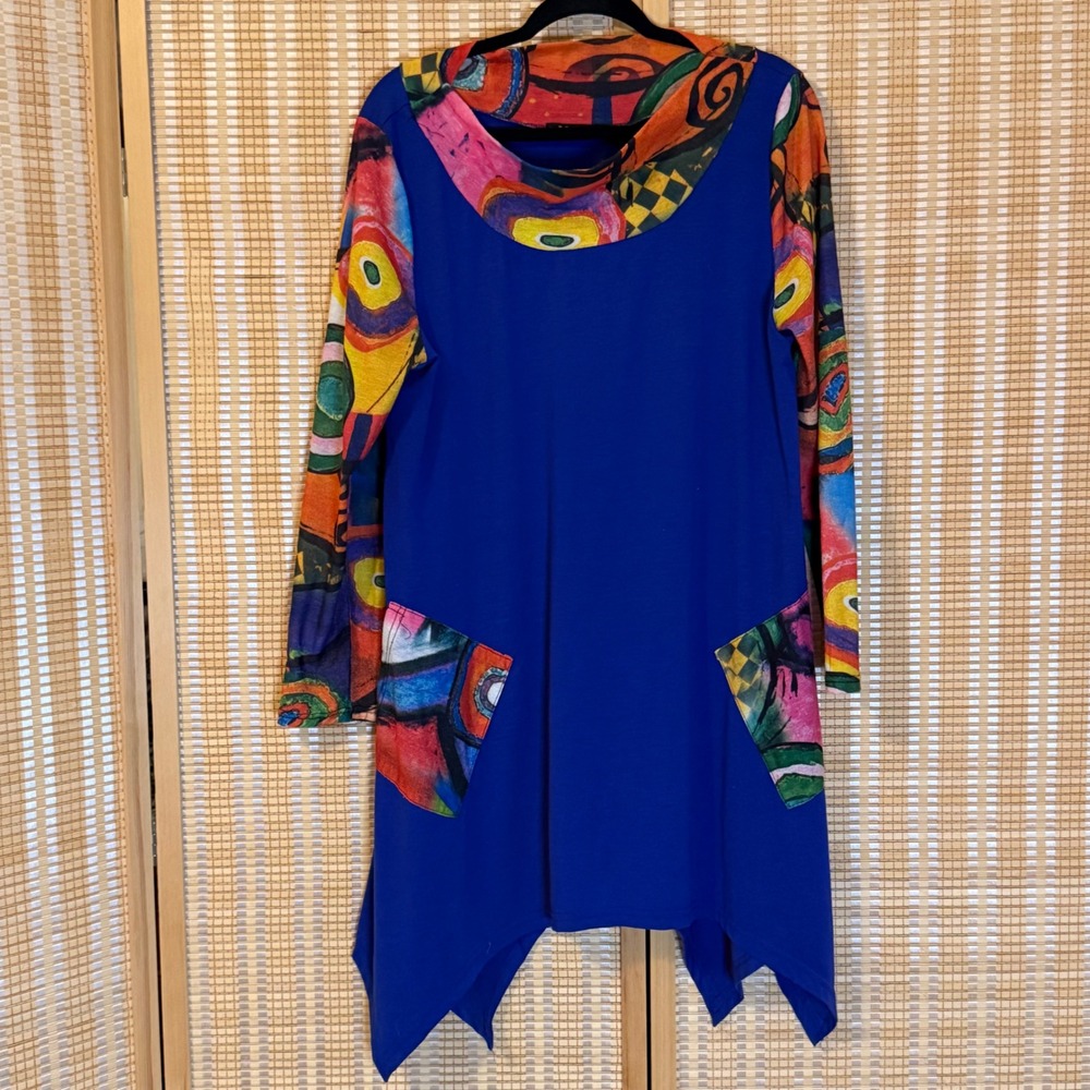 Meinigi‎ Womens 2XL Art to Wear Tunic Top Royal Blue Abstract Sharkbite Hem Chic